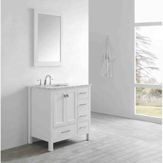 Eviva Aberdeen 36" White Transitional Bathroom Vanity w/ White Carrara Top