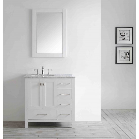 Eviva Aberdeen 36" White Transitional Bathroom Vanity w/ White Carrara Top