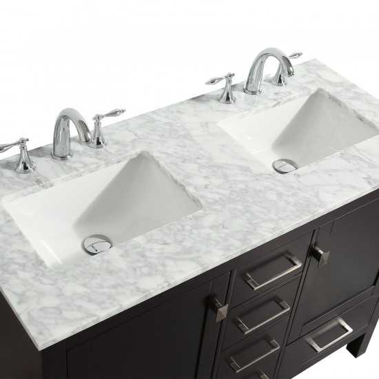 Eviva Aberdeen 48" Espresso Transitional Double Sink Bathroom Vanity w/ White Carrara Top