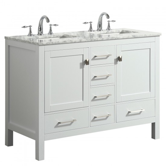 Eviva Aberdeen 48" White Transitional Double Sink Bathroom Vanity w/ White Carrara Top