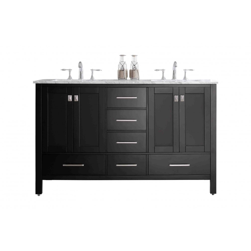 Eviva Aberdeen 60" Espresso Transitional Double Sink Bathroom Vanity w/ White Carrara Top