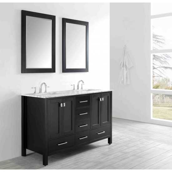 Eviva Aberdeen 60" Espresso Transitional Double Sink Bathroom Vanity w/ White Carrara Top