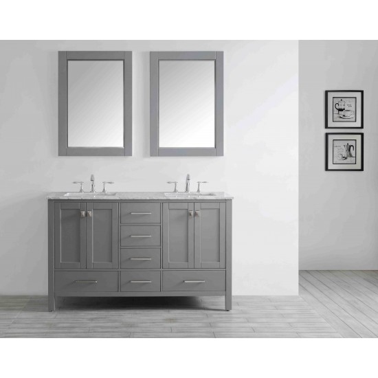 Eviva Aberdeen 60" Gray Transitional Double Sink Bathroom Vanity w/ White Carrara Top