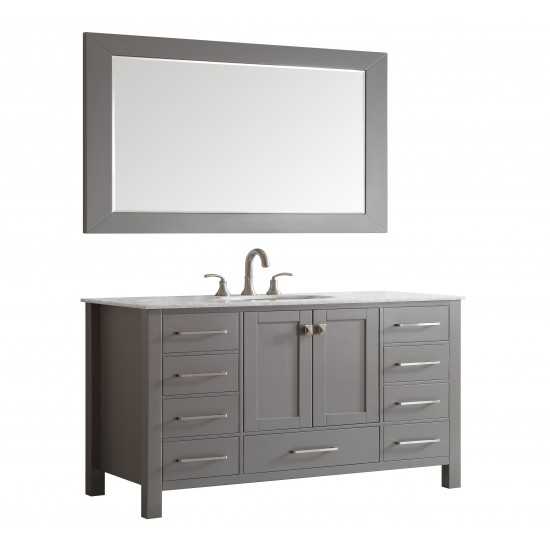 Eviva Aberdeen 60" Gray Transitional Single Sink Bathroom Vanity w/ White Carrara Top