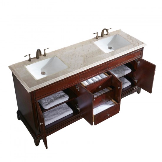 Eviva Elite Princeton 72" Teak Double Sink Bathroom Vanity w/ Double Ogee Edge Crema Marfil Top