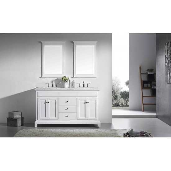 Eviva Elite Stamford 60" White Double Sink Bathroom Vanity w/ Double Ogee Edge White Carrara Top