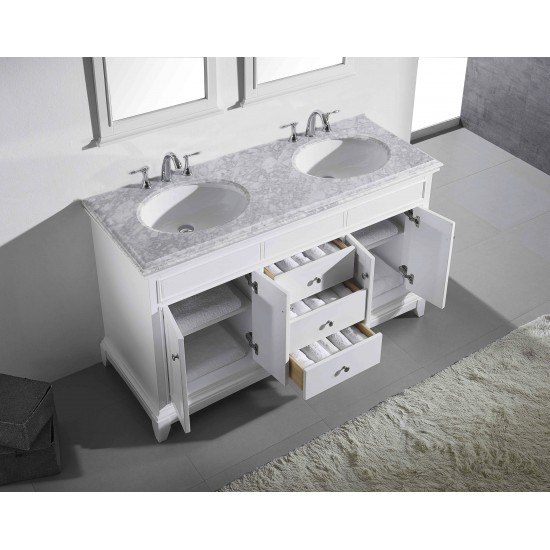 Eviva Elite Stamford 60" White Double Sink Bathroom Vanity w/ Double Ogee Edge White Carrara Top