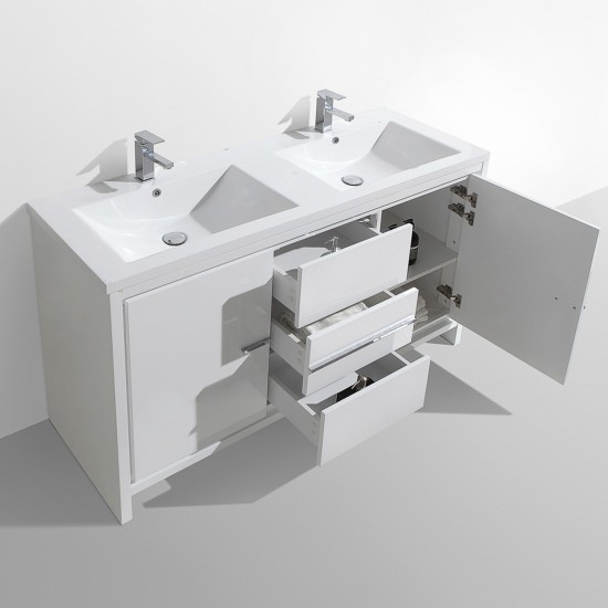 Eviva Grace 60" Glossy White Double Sink Bathroom Vanity w/ White Integrated Top