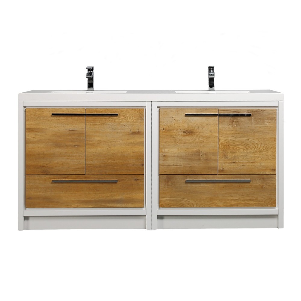 Eviva Grace 72" Natural Oak/White Double Sink Bathroom Vanity w/ White Integrated Top