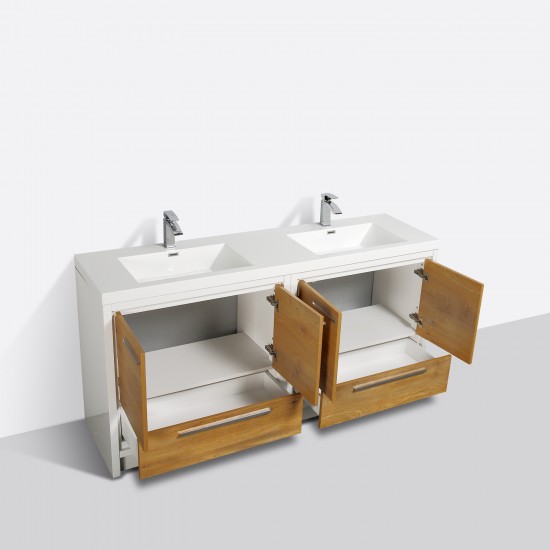 Eviva Grace 72" Natural Oak/White Double Sink Bathroom Vanity w/ White Integrated Top