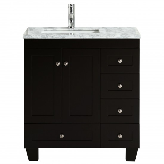 Eviva Happy 28" x 18" Espresso Transitional Bathroom Vanity w/ White Carrara Top