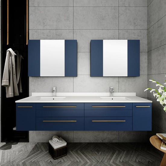 Fresca Lucera 72" Royal Blue Wall Hung Double Undermount Sink Bathroom Cabinet