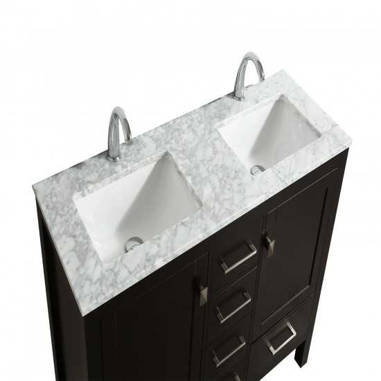 Eviva London 60" x 18" Espresso Transitional Double Sink Bathroom Vanity w/ White Carrara Top