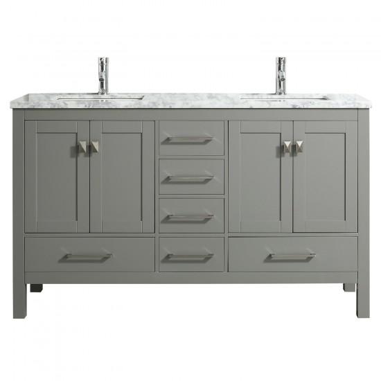 Eviva London 60" x 18" Gray Transitional Double Sink Bathroom Vanity w/ White Carrara Top