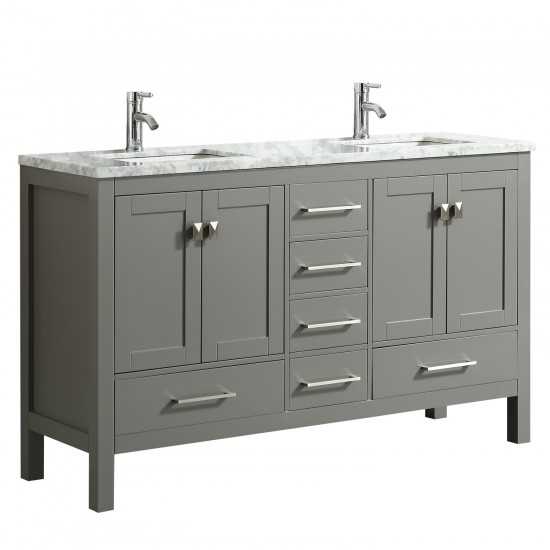 Eviva London 60" x 18" Gray Transitional Double Sink Bathroom Vanity w/ White Carrara Top