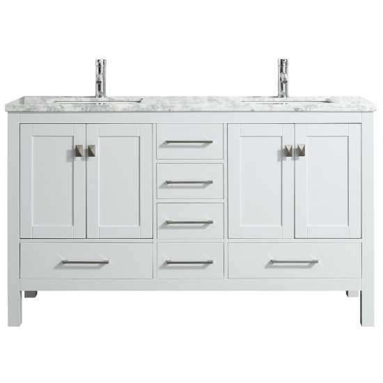 Eviva London 60" x 18" White Transitional Double Sink Bathroom Vanity w/ White Carrara Top