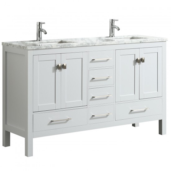 Eviva London 60" x 18" White Transitional Double Sink Bathroom Vanity w/ White Carrara Top