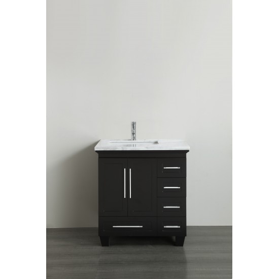 Eviva Loon 30" Espresso Transitional Bathroom Vanity w/ White Carrara Top & Long Handles