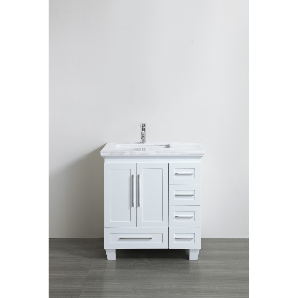 Eviva Loon 30" White Transitional Bathroom Vanity w/ White Carrara Marble Countertop & Long Handles