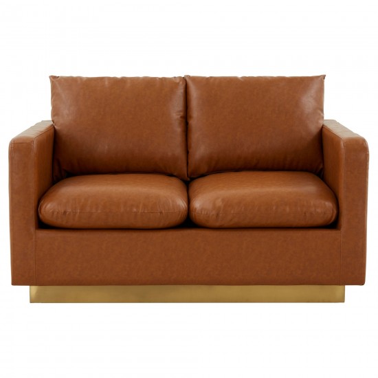 LeisureMod Nervo Modern Mid-Century Upholstered Leather Loveseat In Cognac Tan