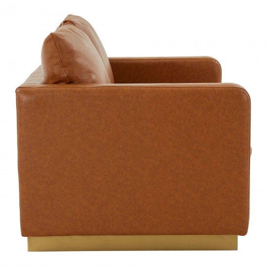 LeisureMod Nervo Modern Mid-Century Upholstered Leather Loveseat In Cognac Tan