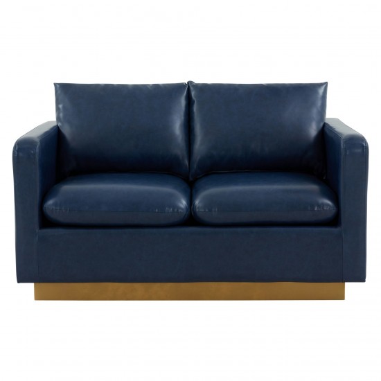 LeisureMod Nervo Modern Mid-Century Upholstered Leather Loveseat In Navy Blue