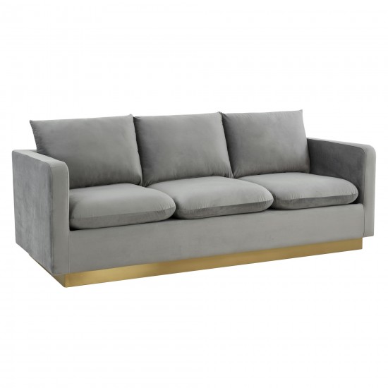 LeisureMod Nervo Modern Mid-Century Upholstered Velvet Sofa In Light Grey