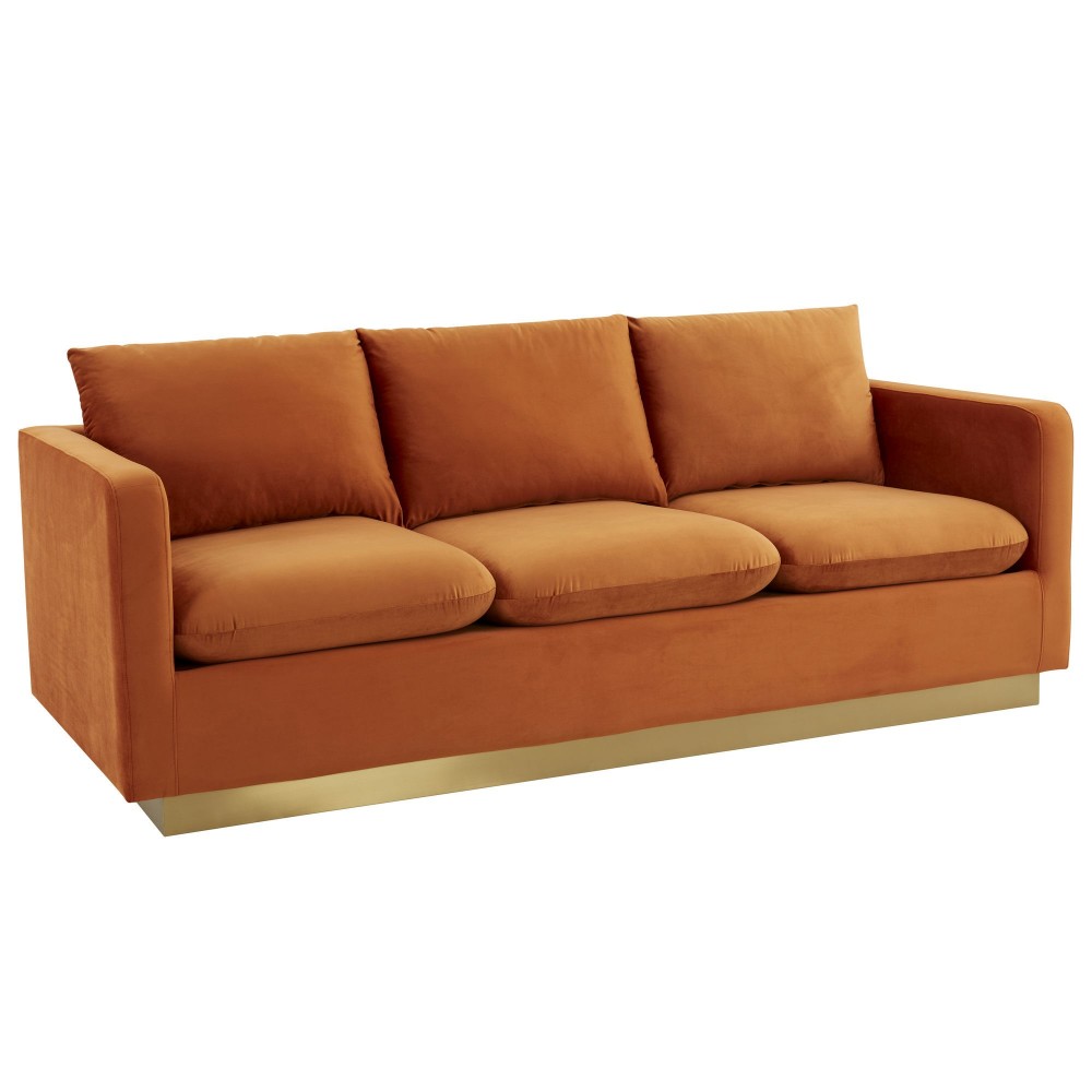 LeisureMod Nervo Modern Mid-Century Upholstered Velvet Sofa In Orange Marmalade