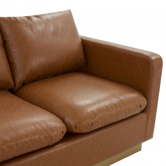 LeisureMod Nervo Modern Mid-Century Upholstered Leather Sofa In Cognac Tan