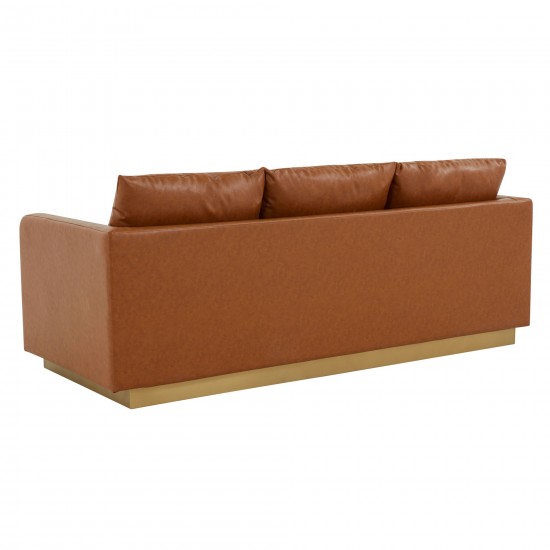 LeisureMod Nervo Modern Mid-Century Upholstered Leather Sofa In Cognac Tan