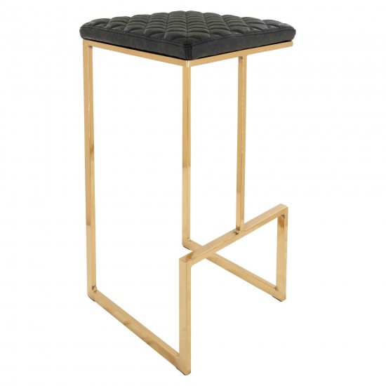 LeisureMod Quincy Black Leather Bar Stools With Gold Metal Frame Set of 2