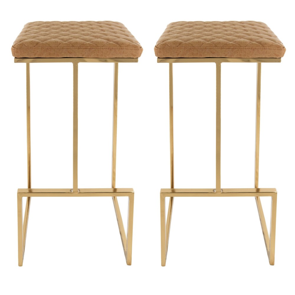 LeisureMod Quincy Light Brown Leather Bar Stools With Gold Metal Frame Set of 2