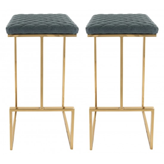 LeisureMod Quincy Peacock Blue Leather Bar Stools With Gold Metal Frame Set of 2