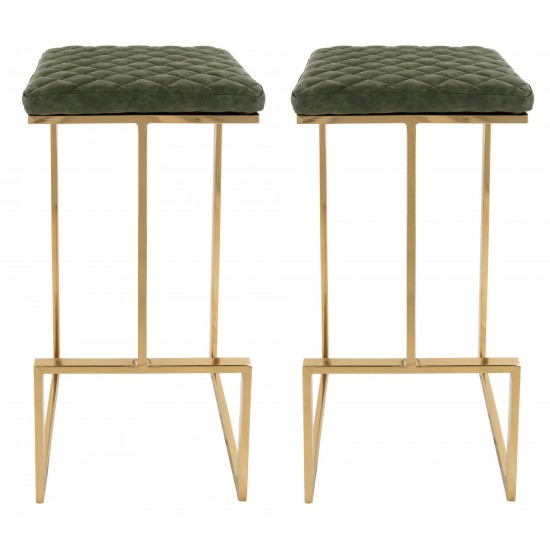 LeisureMod Quincy Olive Green Leather Bar Stools With Gold Metal Frame Set of 2