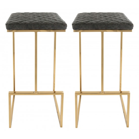 LeisureMod Quincy Grey Leather Bar Stools With Gold Metal Frame Set of 2