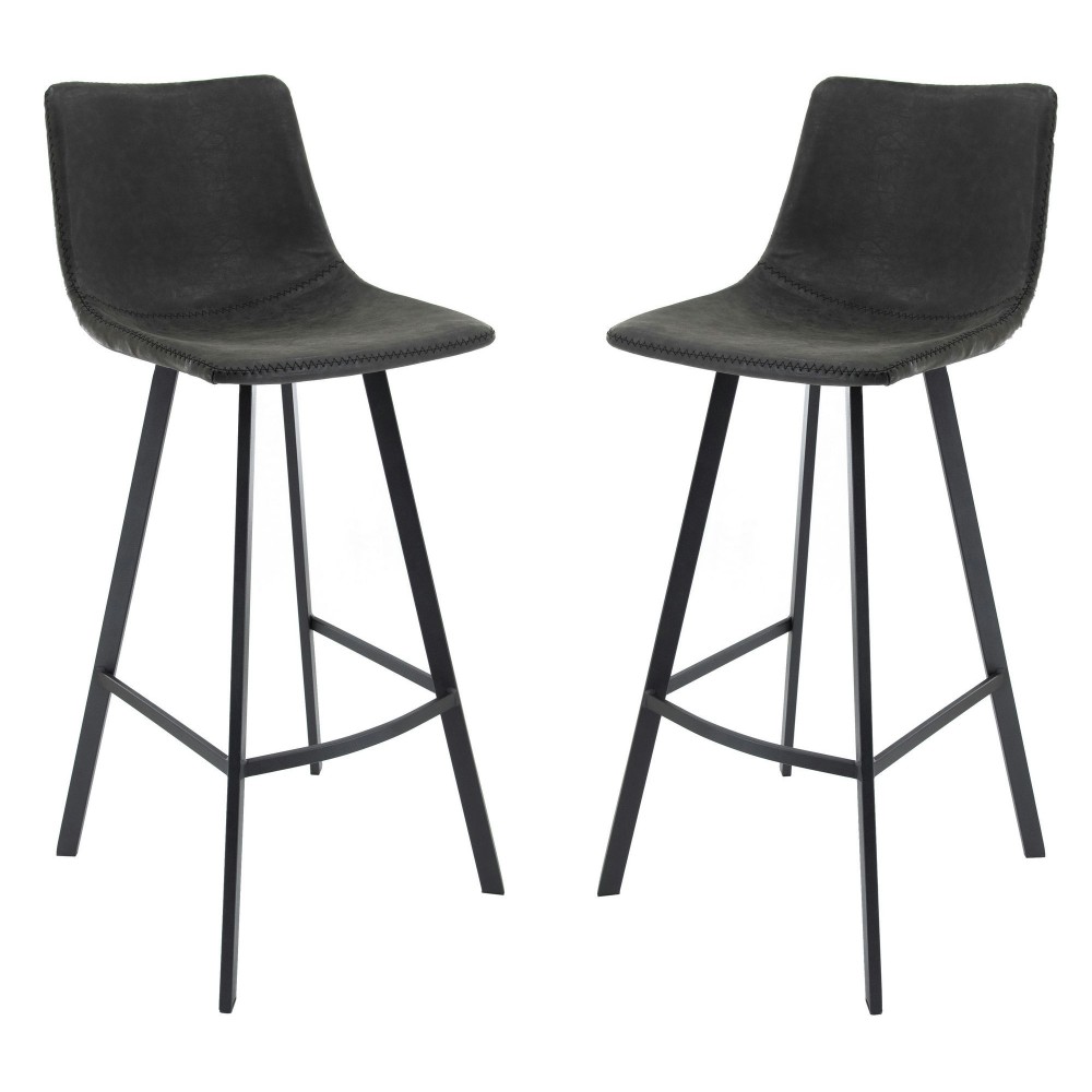 LeisureMod Elland Modern Upholstered Charcoal Black Leather Bar Stool Set of 2