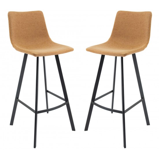 LeisureMod Elland Modern Upholstered Light Brown Leather Bar Stool Set of 2