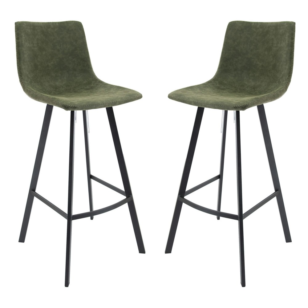 LeisureMod Elland Modern Upholstered Olive Green Leather Bar Stool Set of 2