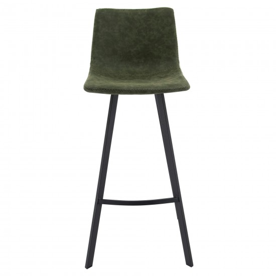 LeisureMod Elland Modern Upholstered Olive Green Leather Bar Stool Set of 2