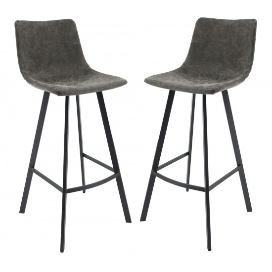 LeisureMod Elland Modern Upholstered Grey Leather Bar Stool Set of 2