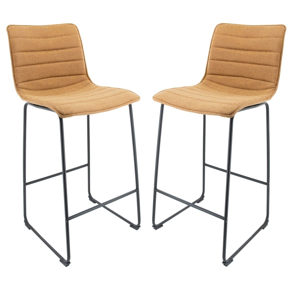 LeisureMod Brooklyn 29.9" Modern Light Brown Leather Bar Stool Set of 2