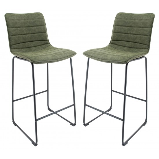 LeisureMod Brooklyn 29.9" Modern Olive Green Leather Bar Stool Set of 2