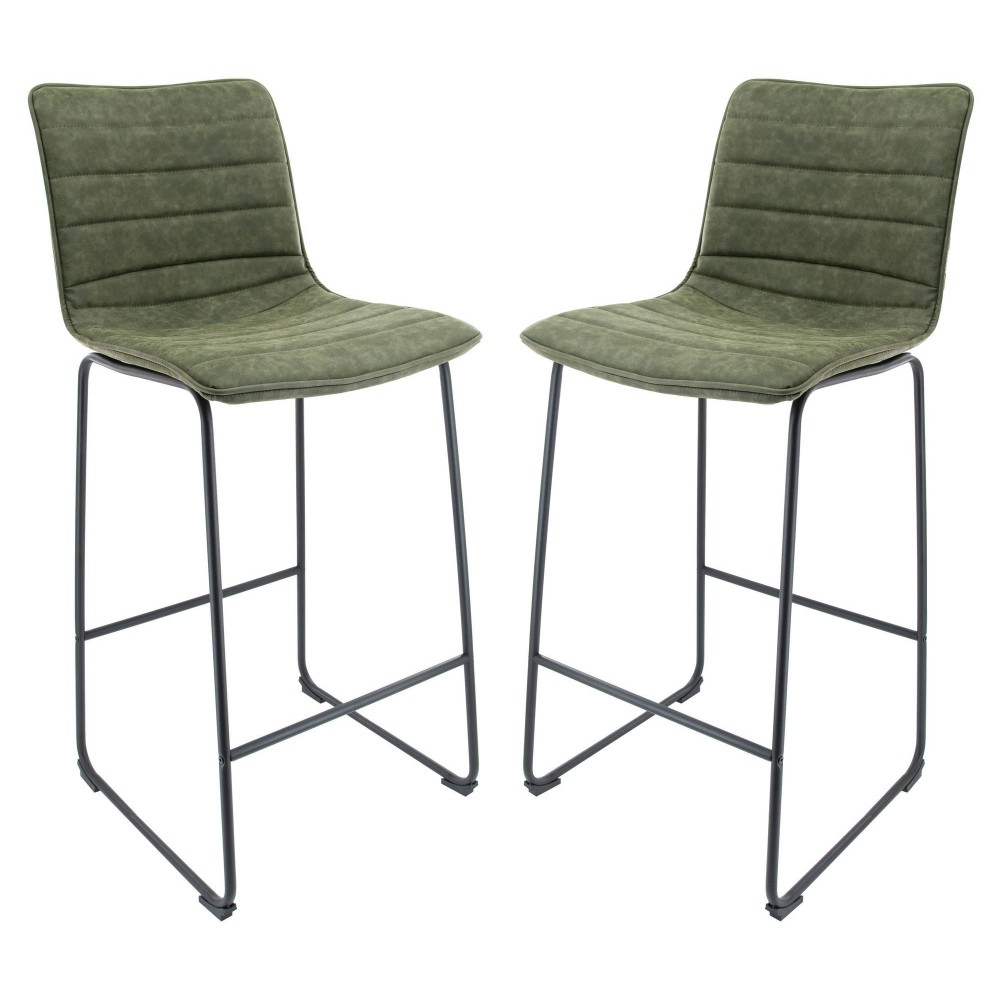 LeisureMod Brooklyn 29.9" Modern Olive Green Leather Bar Stool Set of 2