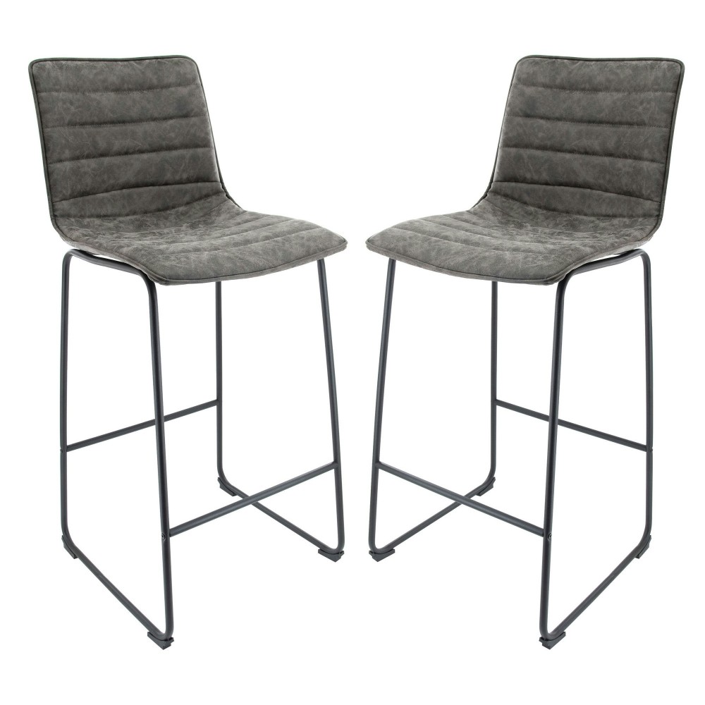 LeisureMod Brooklyn 29.9" Modern Grey Leather Bar Stool Set of 2