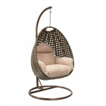 LeisureMod Beige Wicker Hanging Egg Swing Chair