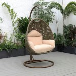 LeisureMod Beige Wicker Hanging Egg Swing Chair