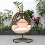 LeisureMod Beige Wicker Hanging Egg Swing Chair