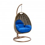 LeisureMod Beige And Blue Wicker Hanging Egg Swing Chair