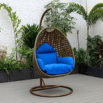 LeisureMod Beige And Blue Wicker Hanging Egg Swing Chair