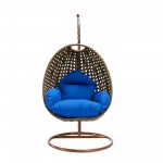 LeisureMod Beige And Blue Wicker Hanging Egg Swing Chair